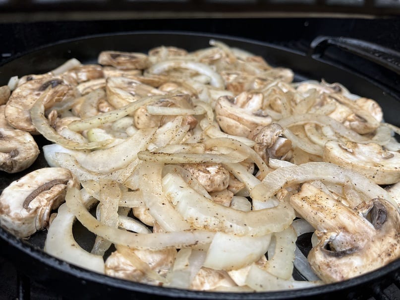 Seasoned Mushrooms and Onions in Cast Iron Pan