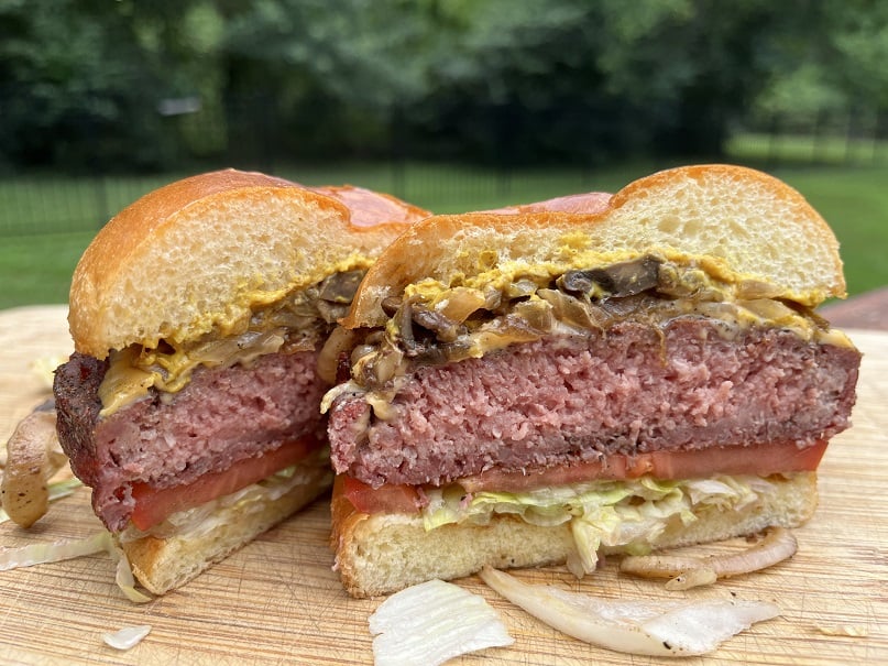 Two halves of a Burger Smoked on a Pellet Grill